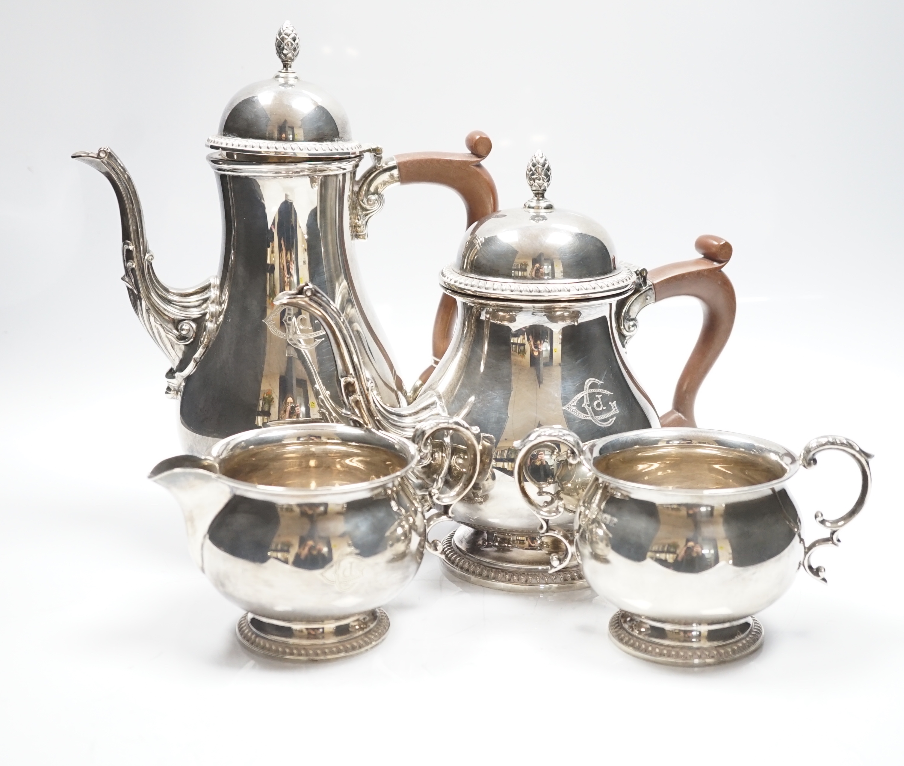An Elizabeth II four piece silver tea and coffee service, Barker, Ellis Silver Co, Birmingham, 1991, gross weight 53.6oz.